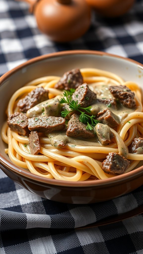 A serving of creamy beef stroganoff pasta with tender beef and egg noodles.