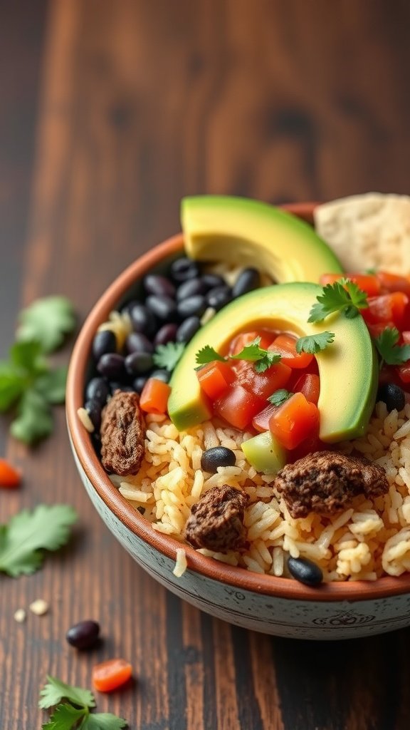 A colorful bowl of beefy burrito bowl with rice, beans, and fresh toppings