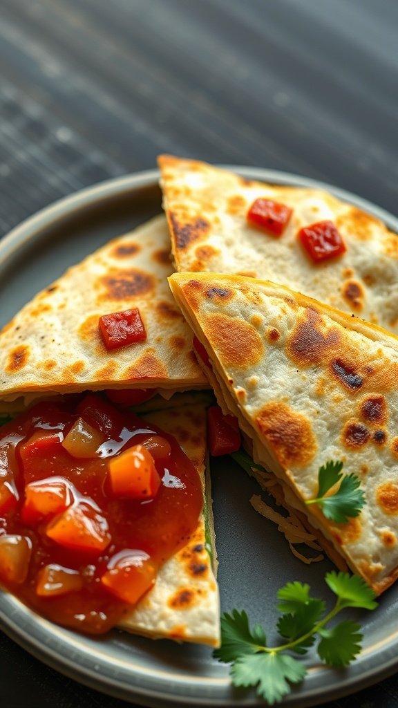 A delicious breakfast quesadilla filled with cheese and veggies, served with salsa.