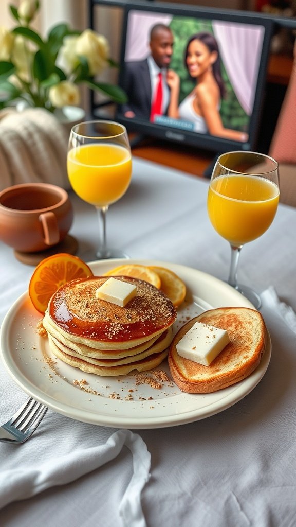 A plate of pancakes with syrup and butter, orange slices, and two glasses of orange juice in front of a TV showing a romantic scene.