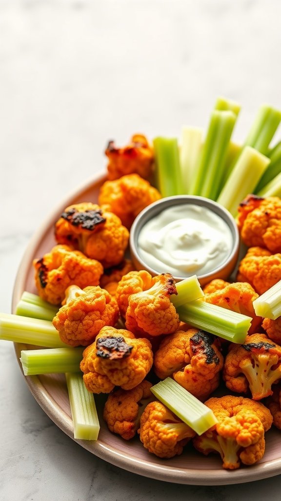 Plate of Buffalo Cauliflower Bites with celery sticks and dipping sauce