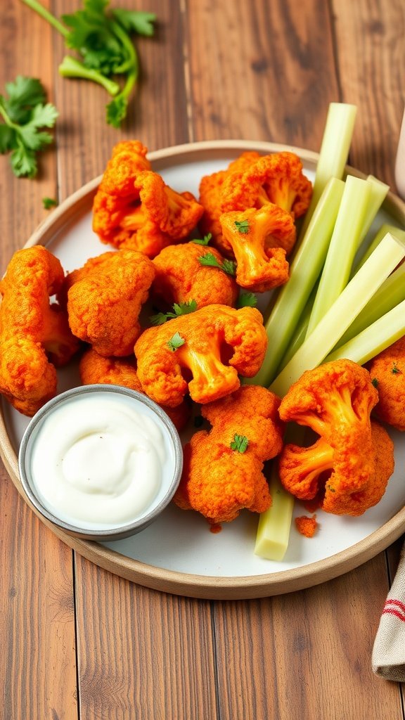 Plate of Buffalo Cauliflower Bites with celery and ranch dressing
