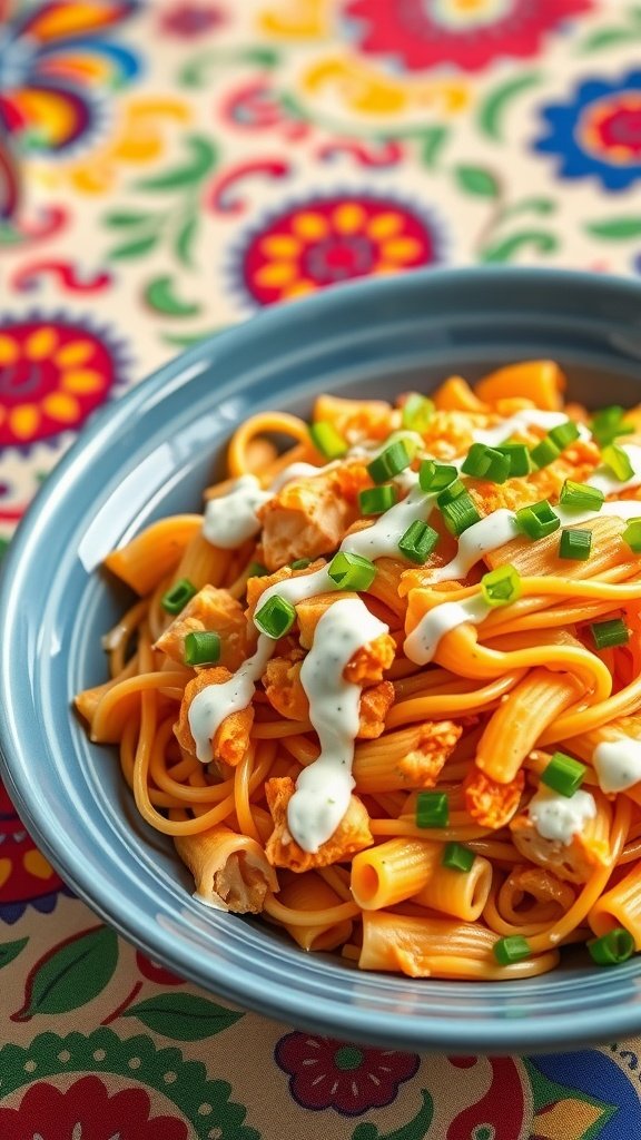 A bowl of buffalo chicken pasta topped with green onions and ranch dressing.