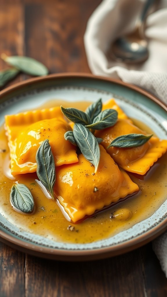 A plate of butternut squash ravioli topped with sage butter and fresh sage leaves.