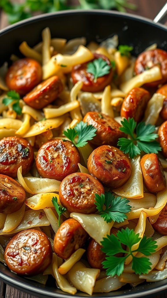 A skillet filled with sausage slices, cooked egg noodles, and chopped cabbage, garnished with fresh parsley.