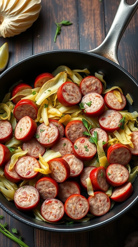 Cabbage and Sausage Skillet dish with sliced sausage and cabbage