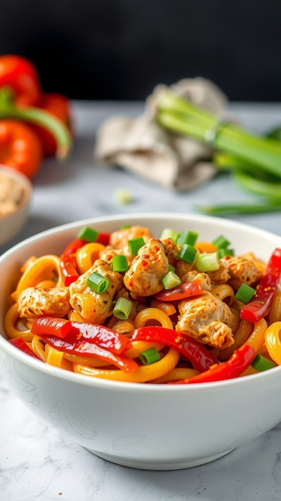 A bowl of Cajun Chicken Pasta with colorful peppers and green onions.