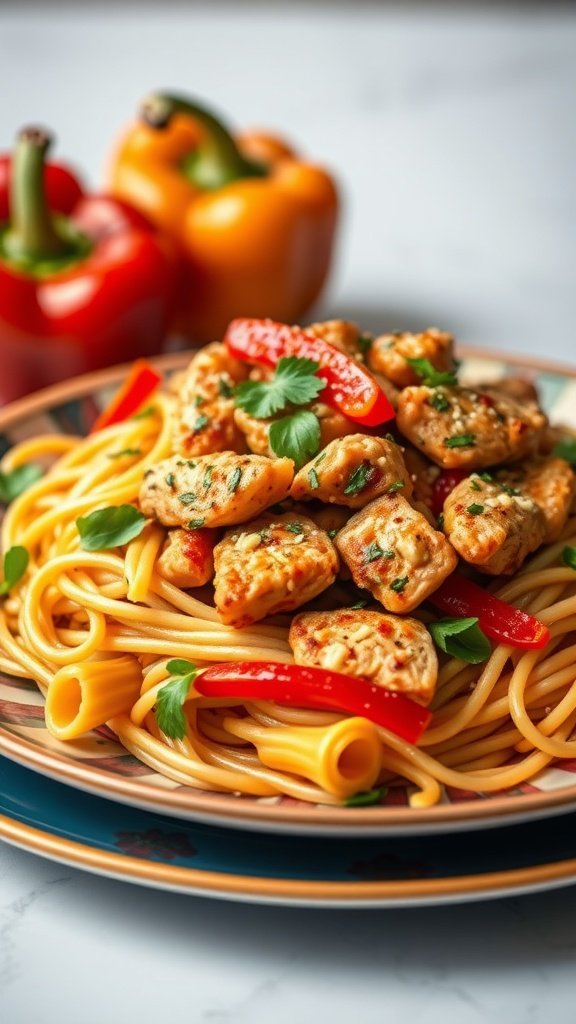 A plate of Cajun Chicken Pasta with colorful bell peppers and chicken pieces.