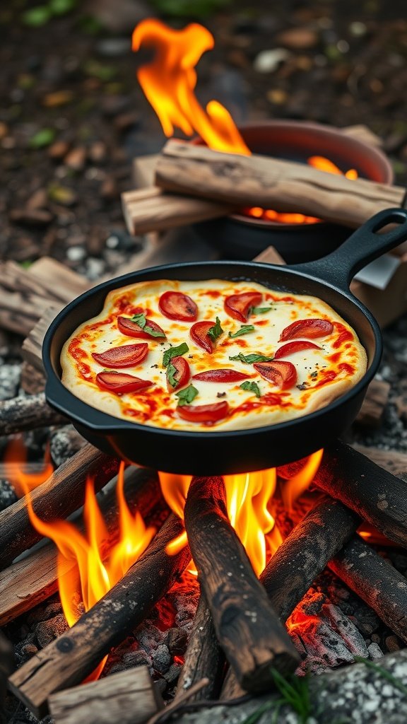 A cast iron skillet with pizza cooking over a campfire
