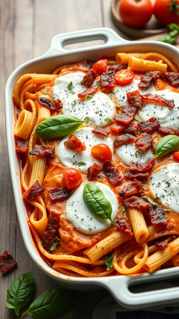 A delicious serving of Caprese Bacon Pasta Bake with mozzarella and basil