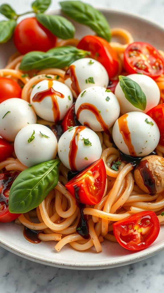 A colorful bowl of Caprese Pasta Salad featuring pasta, cherry tomatoes, mozzarella balls, fresh basil, and drizzled balsamic glaze.