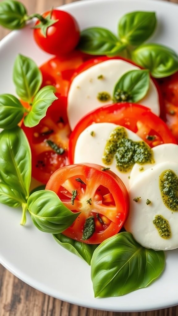 Caprese salad composed of tomato slices, mozzarella, and basil with pesto drizzle