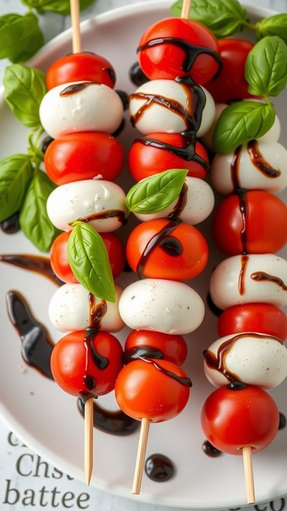 Caprese skewers with cherry tomatoes, mozzarella, and basil drizzled with balsamic reduction