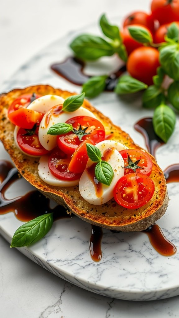 Delicious Caprese Style Cheesy Garlic Bread with tomatoes and basil.