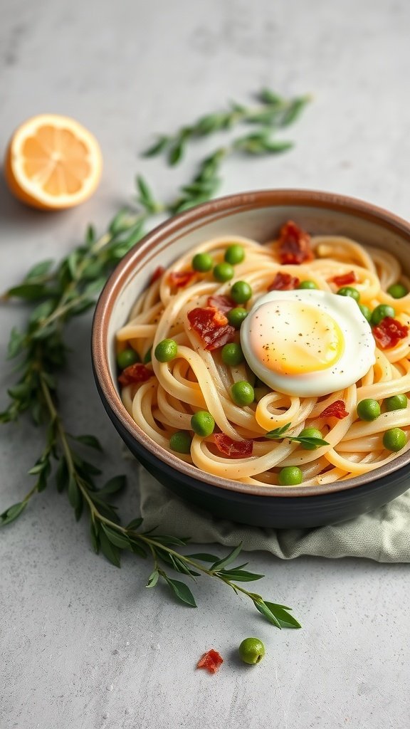 bowl of carbonara with pancetta and peas topped with a soft boiled egg