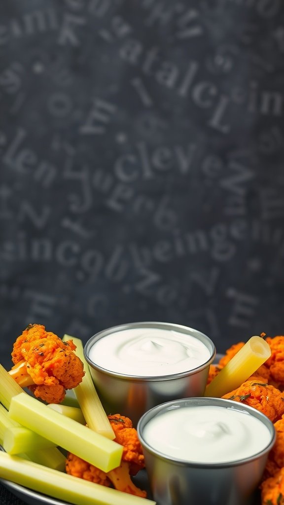 Cauliflower Buffalo Bites with celery sticks and dipping sauce