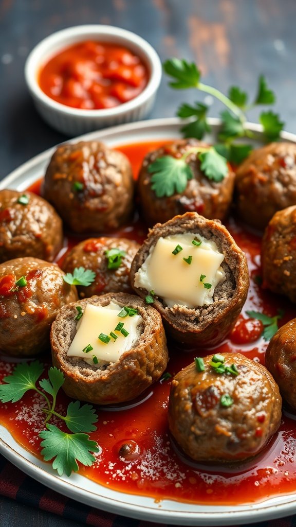 Plate of cheddar-stuffed beef meatballs in a rich sauce with cheese oozing out