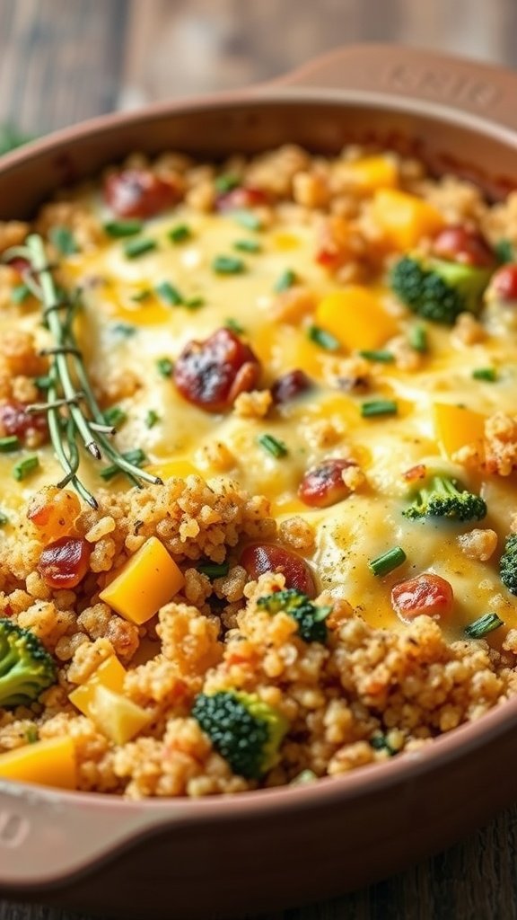A cheesy quinoa bake with broccoli and cheddar cheese.