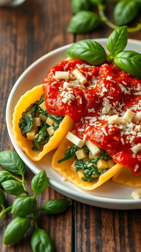 Cheddar and spinach stuffed shells topped with marinara sauce and garnished with basil