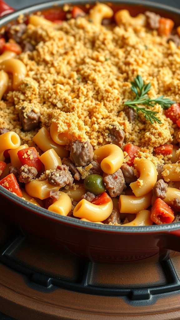 Cheesy beef and macaroni casserole in a red pan, topped with a golden crumb crust and colorful vegetables.
