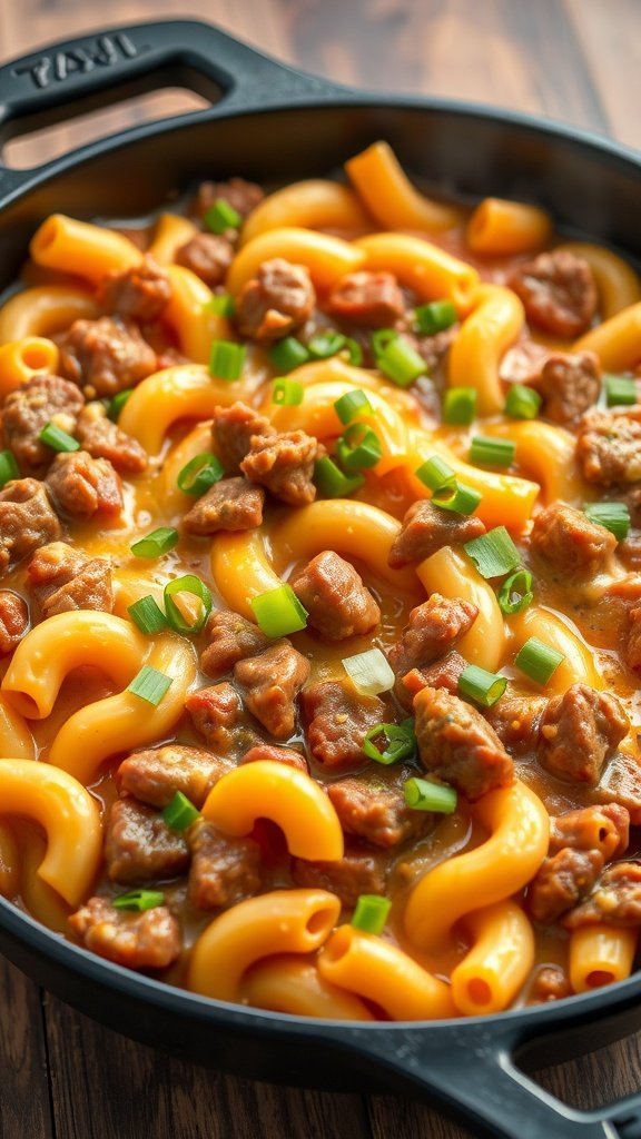 A skillet filled with cheesy beef and macaroni, topped with green onions.