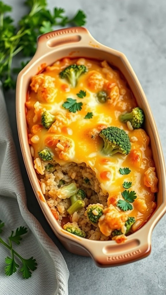 A cheesy broccoli and rice bake in a dish, topped with melted cheese and garnished with parsley.