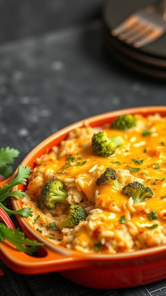 A delicious cheesy broccoli and rice casserole in a bright orange baking dish.