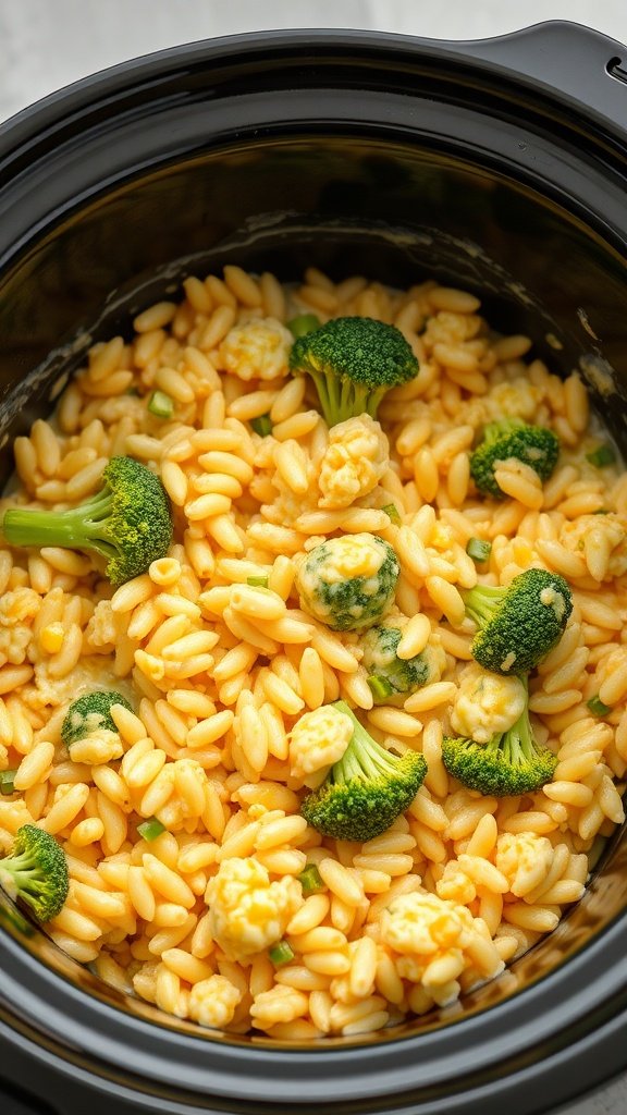 A close-up view of cheesy broccoli and rice casserole in a crockpot, featuring orzo pasta and vibrant green broccoli.
