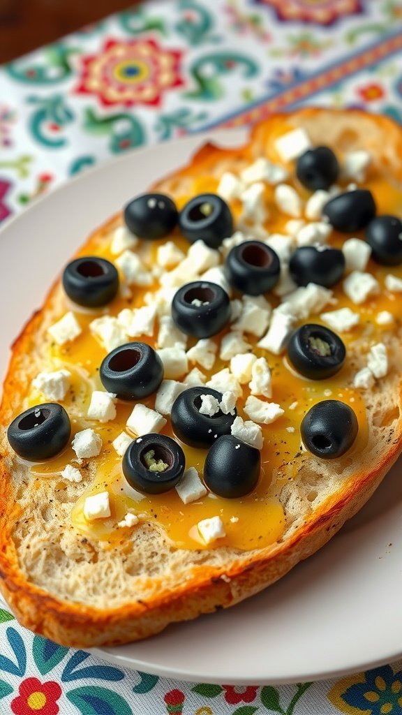 Cheesy garlic bread topped with olives and feta, served on a plate.
