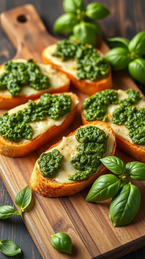 Cheesy garlic bread topped with pesto on a wooden board.