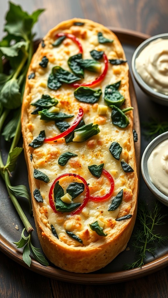Delicious cheesy garlic bread topped with spinach, artichokes, and red bell peppers