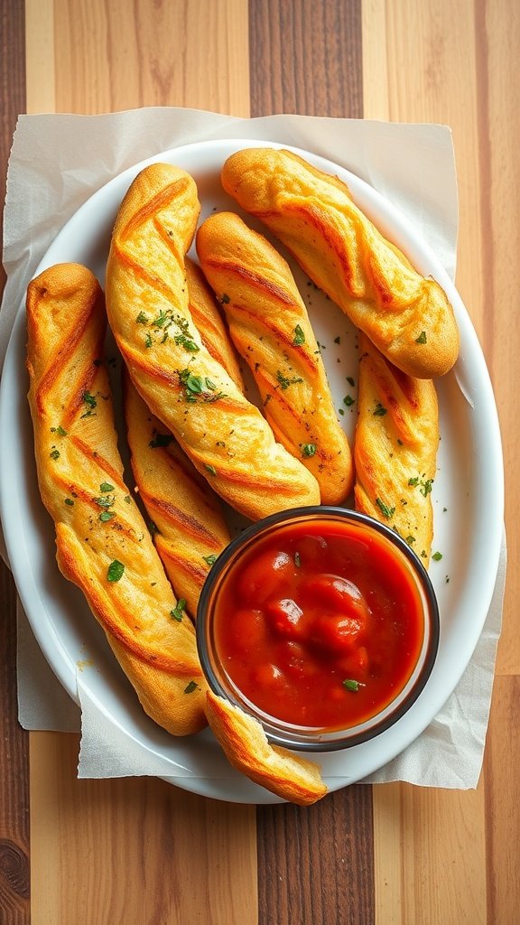 Cheesy garlic breadsticks served with marinara sauce
