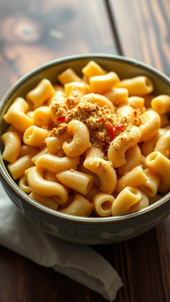 A bowl of cheesy macaroni and cheese with a sprinkle of breadcrumbs.