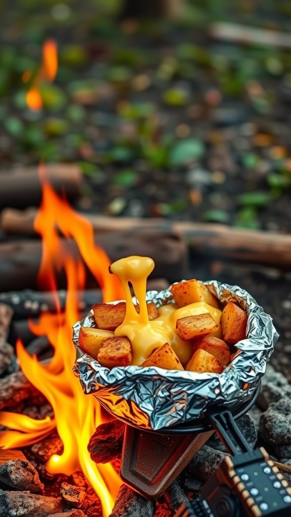 Cheesy potato packets cooking over a campfire