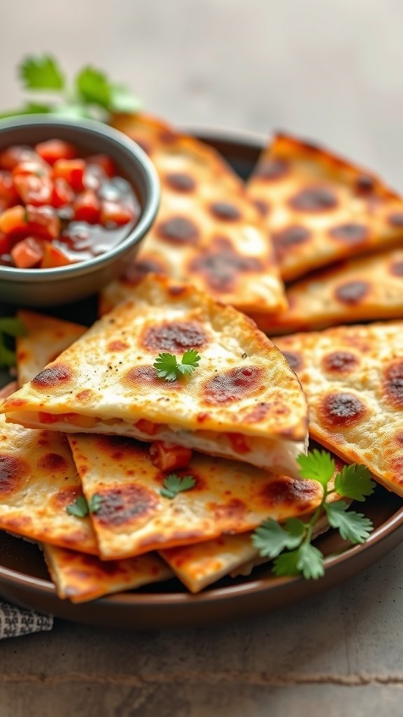 A plate of cheesy quesadillas with a bowl of salsa, garnished with cilantro.