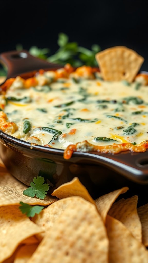 Cheesy Spinach Artichoke Dip served with tortilla chips