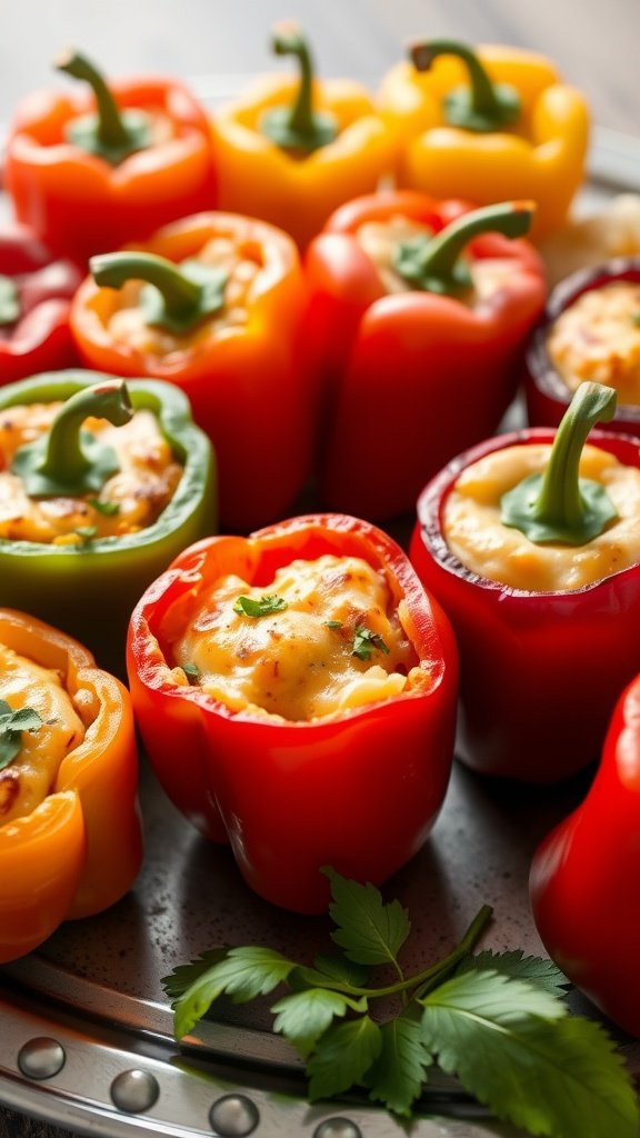 Cheesy stuffed bell peppers in various colors, ready to be served.