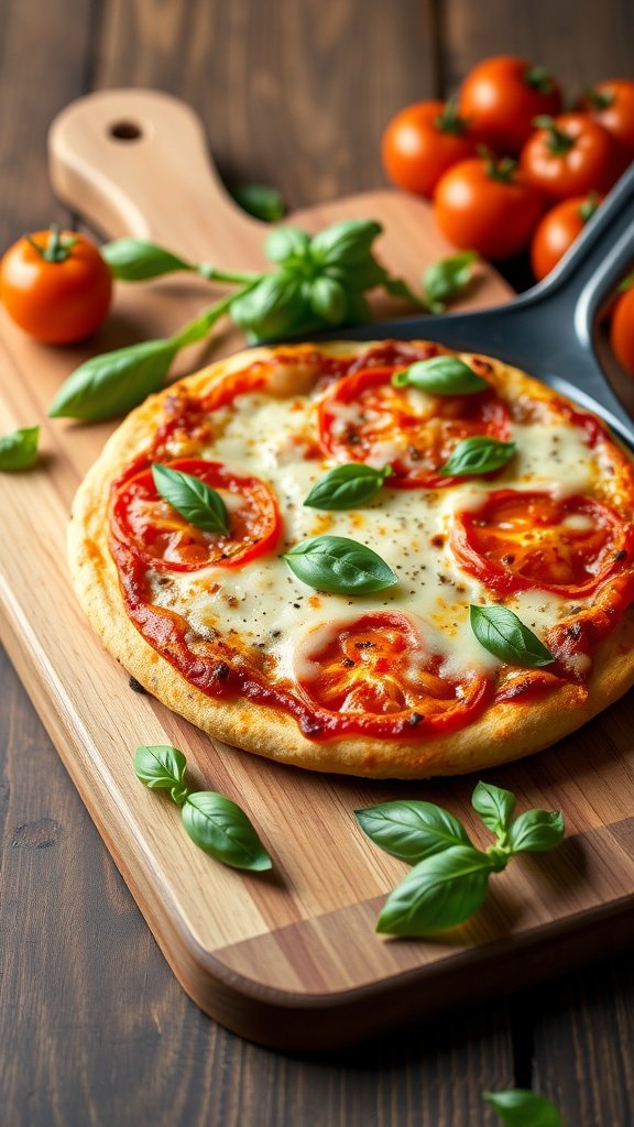 A delicious cheesy tomato basil skillet pizza on a wooden board with fresh basil and tomatoes.