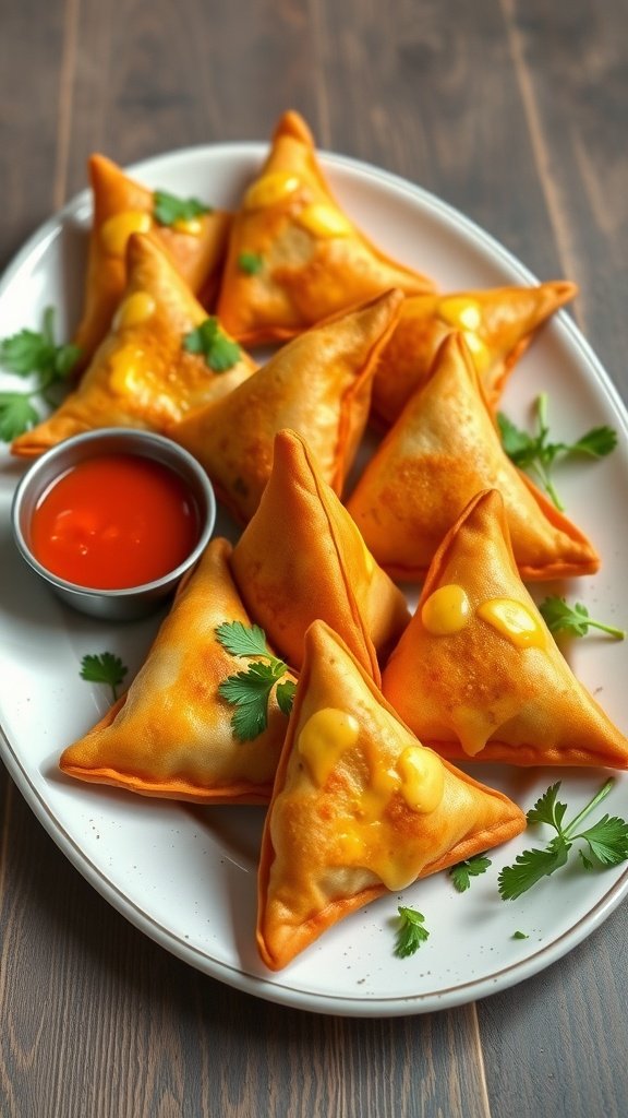 A plate of cheesy vegetable samosas with dipping sauce and garnish.