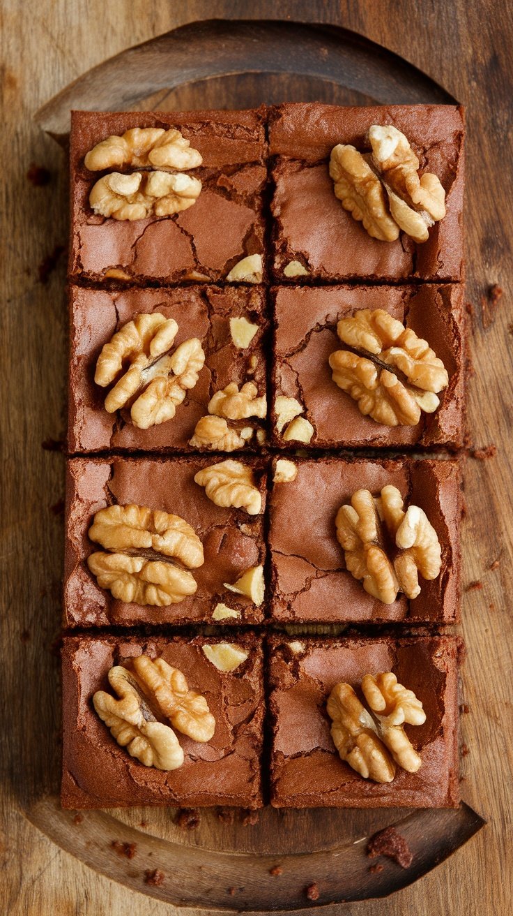 A top view of chewy walnut brownies cut into squares, with walnut halves on top, displayed on a wooden board.
