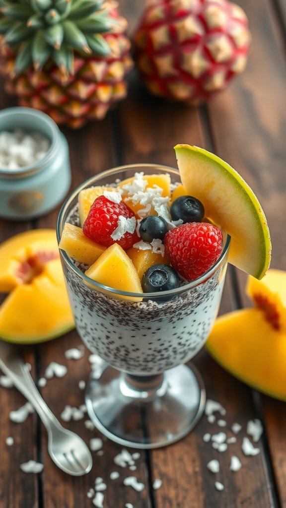 A glass of chia seed pudding topped with fruits and coconut flakes.