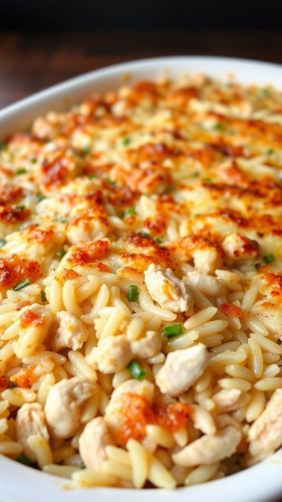 A delicious chicken and rice casserole with a golden crust and pieces of chicken.