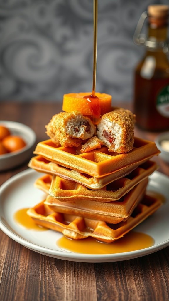 Delicious Chicken and Waffle Bites stacked and drizzled with syrup.