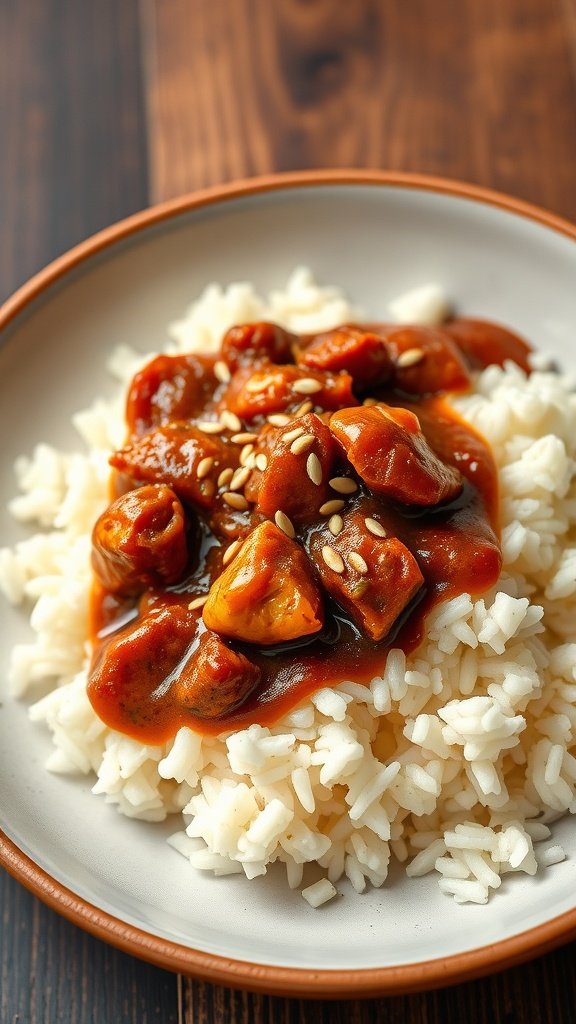 A plate of chicken mole served over white rice, garnished with sesame seeds.