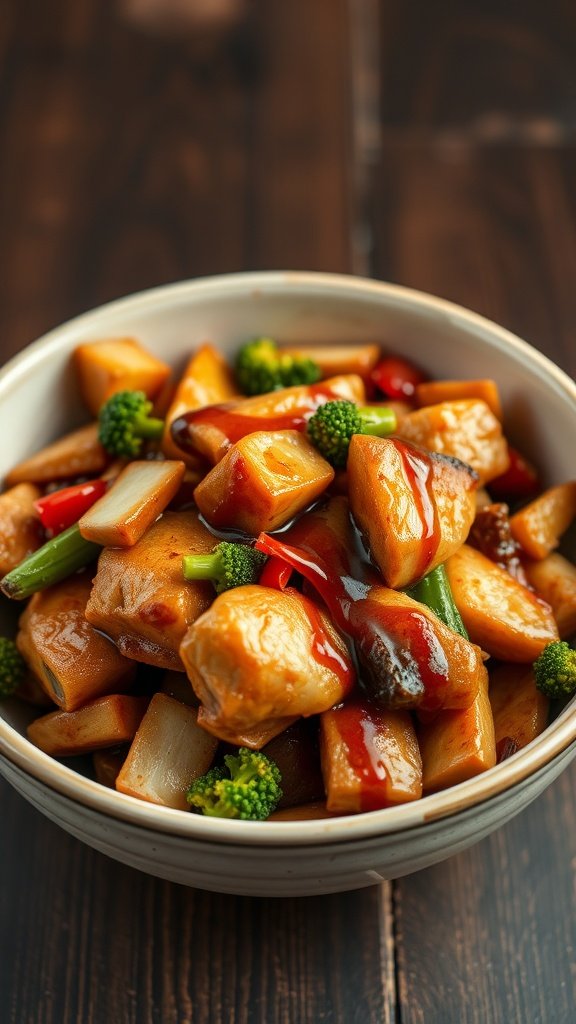 A bowl of chicken stir-fry with colorful vegetables and sauce.