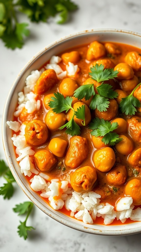 A bowl of chickpea curry with rice, topped with fresh cilantro.