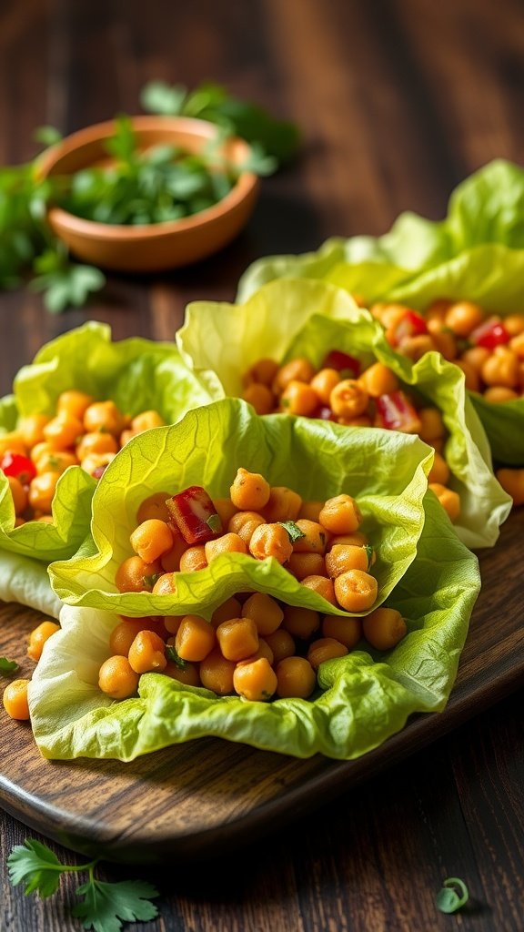 Chickpea salad wrapped in lettuce leaves, showcasing a healthy and colorful finger food option.