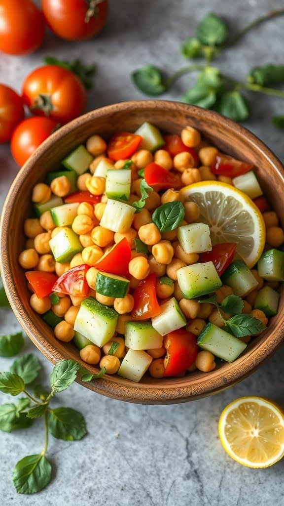 Chickpea salad with fresh vegetables and lemon dressing