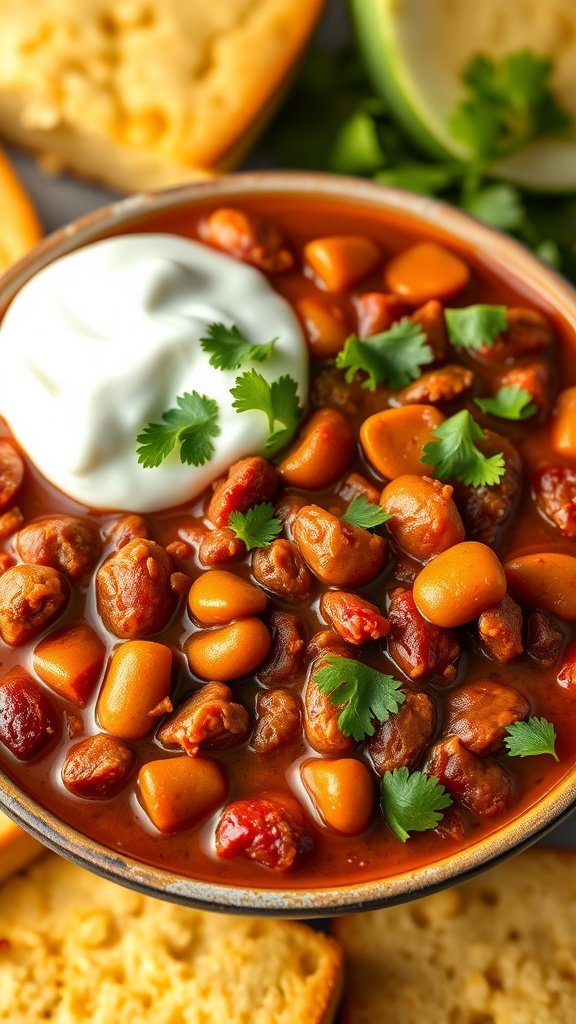 A bowl of chili con carne topped with sour cream, cilantro, and served with cornbread.