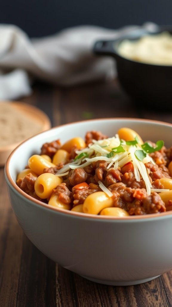 A bowl of Chili Mac with Ground Beef filled with pasta, ground beef, and topped with cheese.
